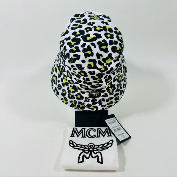 MCM Leopard Print Bucket Hat Multi Logo Embroidered Adjustable NWT - Picture 9 of 16